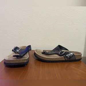 Mephisto Women's Melinda Grey Etna Black Flat Heel Buckle Slip-On Sandals Size 8